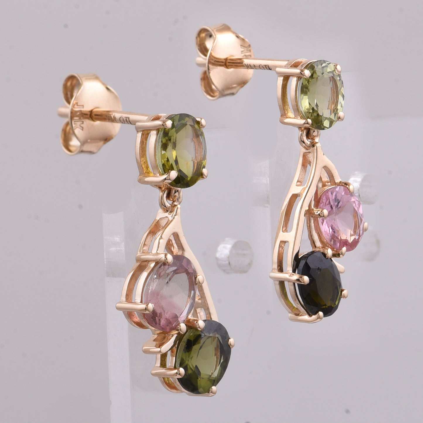 2.12 Ct Oval Natural Multi-Coloured Tourmaline 14K Gold Earrings