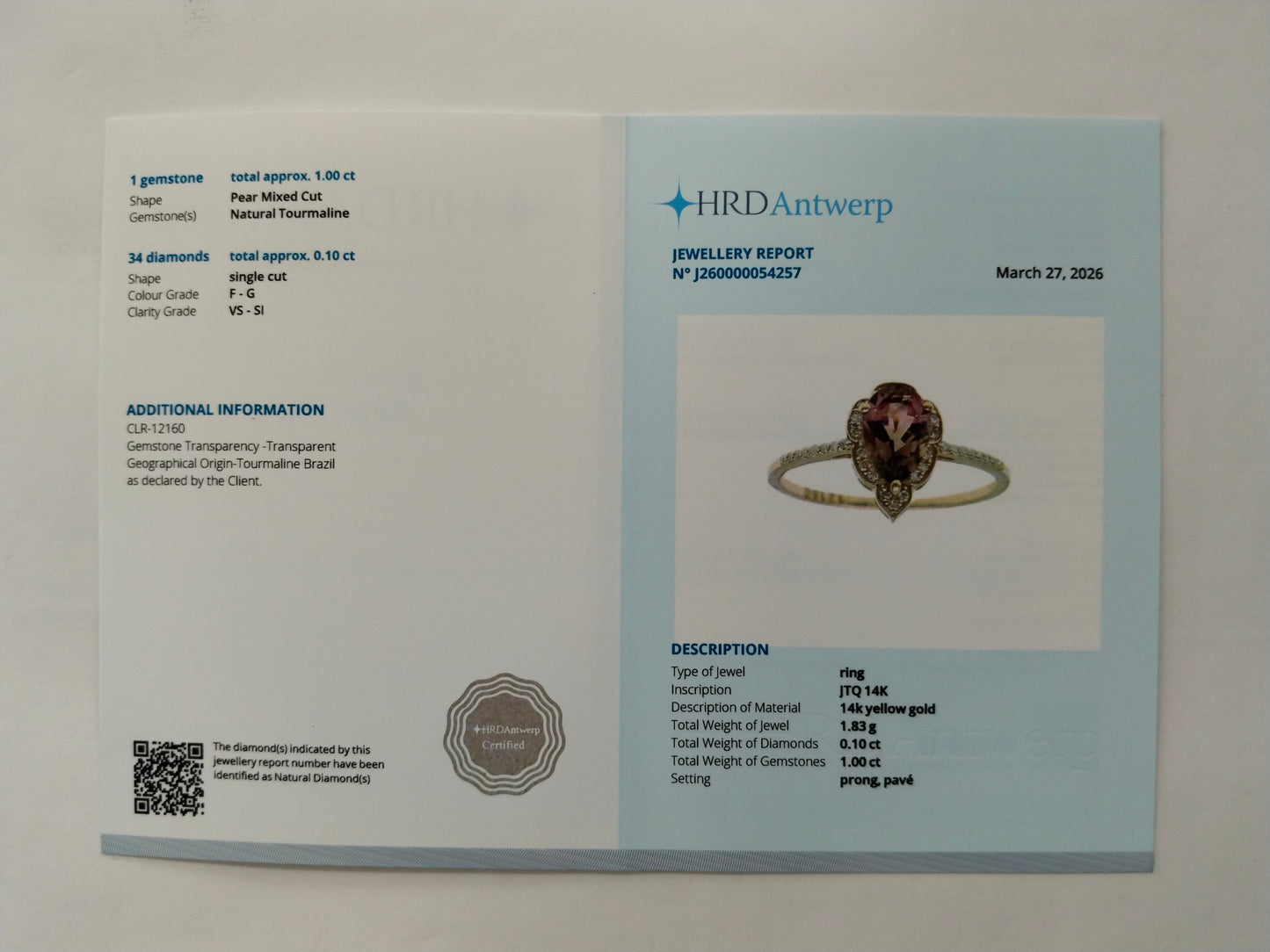 1.10 Ct Pear Mixed Cut Natural Tourmaline 14K Gold Ring