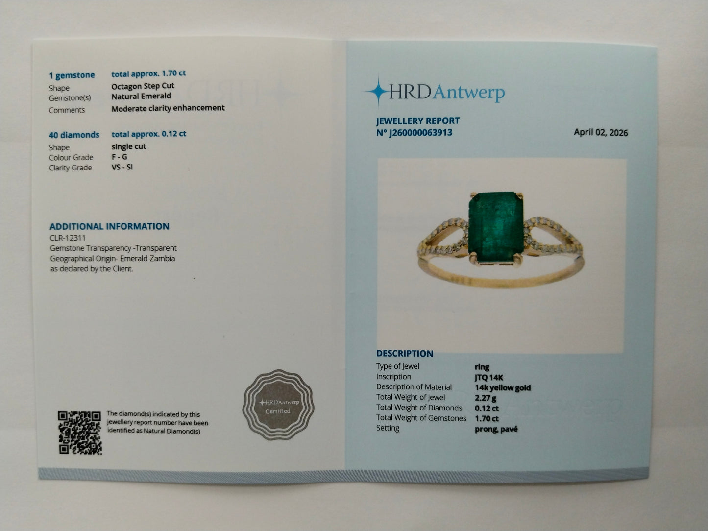 1.82 Ct Octagon Step Cut Natural Emerald 14K Gold Ring