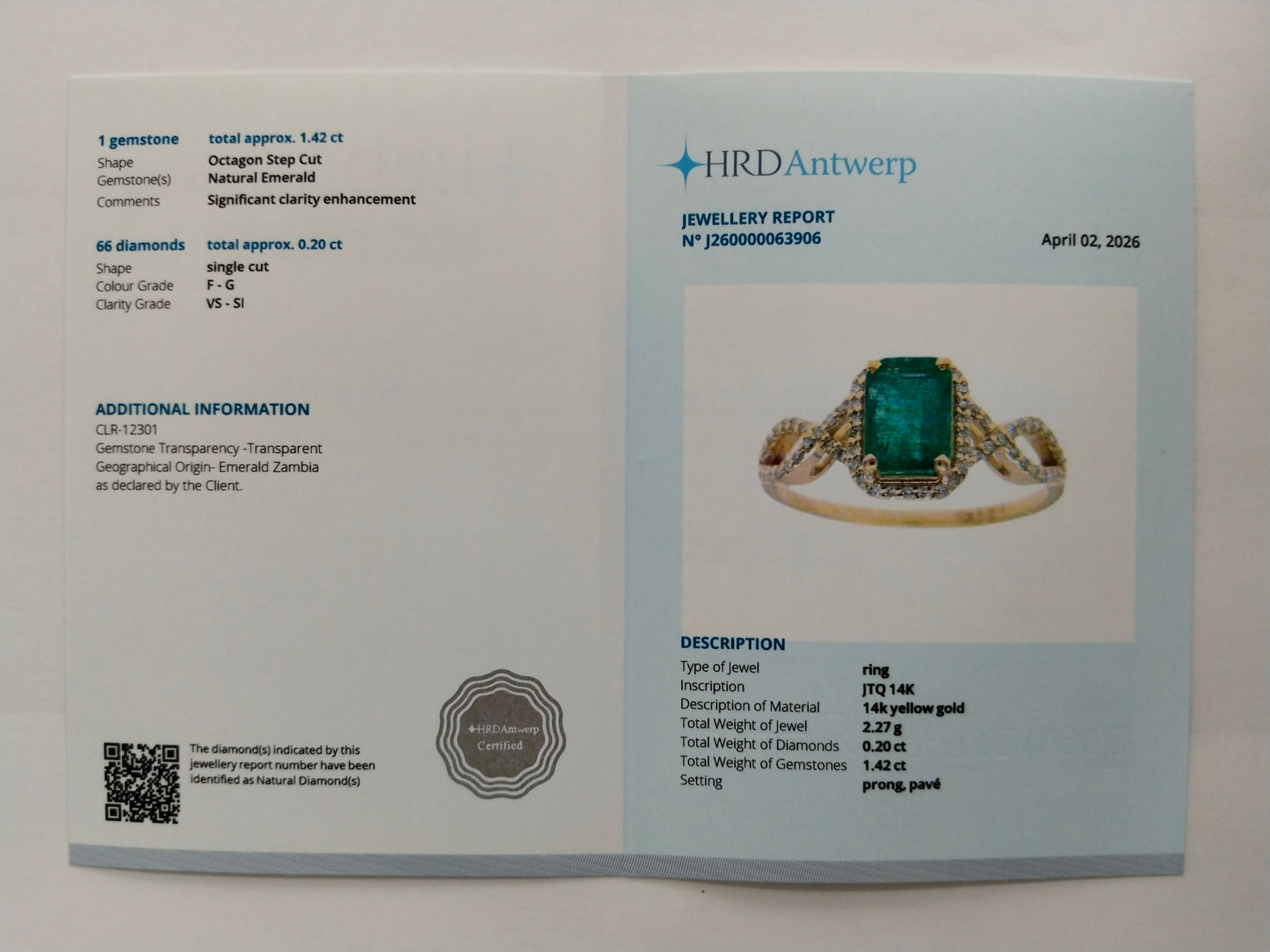 1.62 Ct Octagon Step Cut Natural Emerald 14K Gold Ring