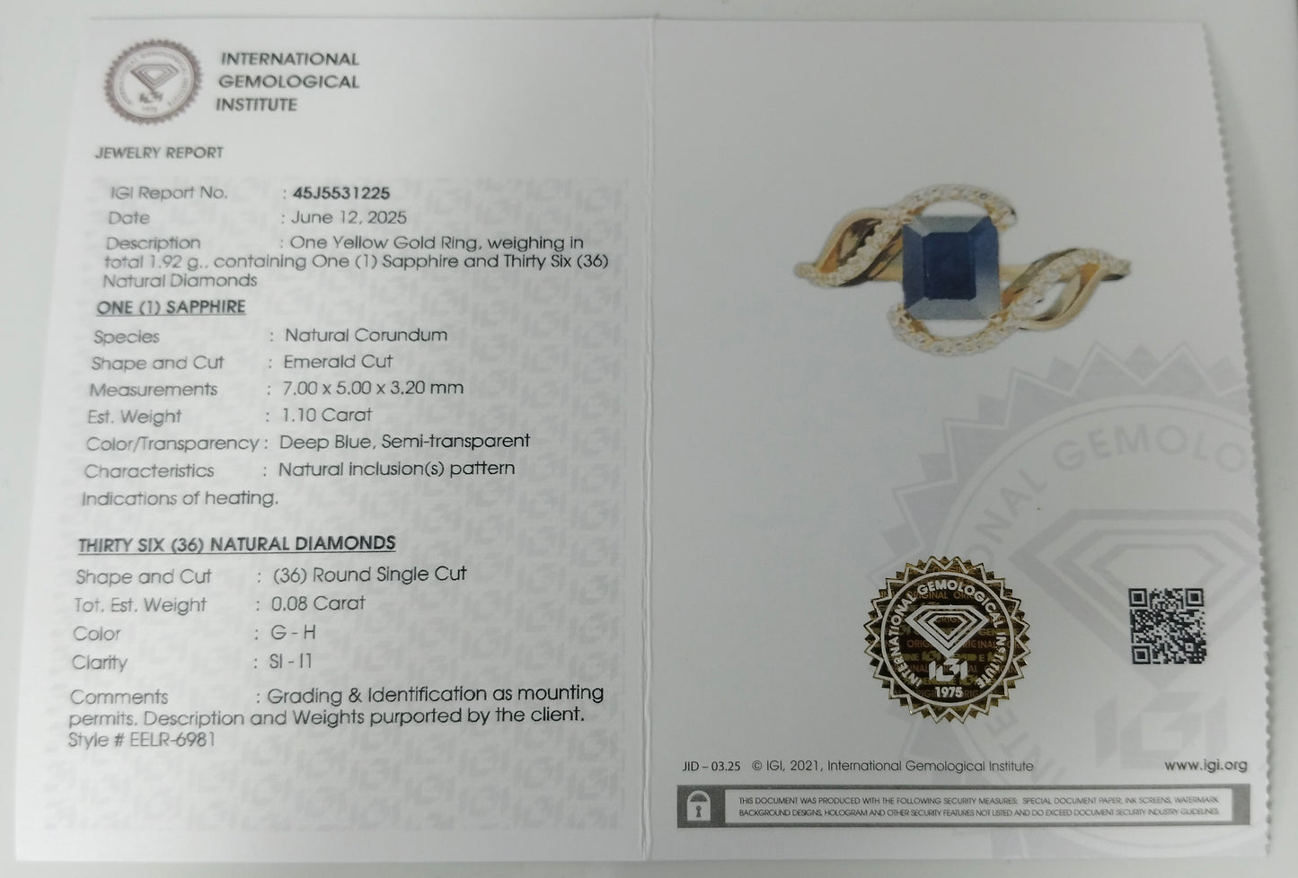 1.18 Ct Emerald Cut Natural Corundum Sapphire 14K Gold Ring