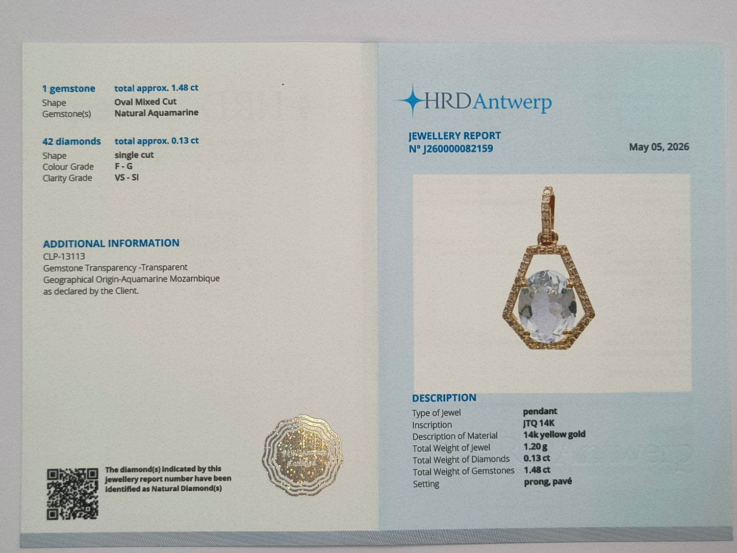 1.61 Ct Oval Mixed Cut Natural Aquamarine 14K Gold Pendant