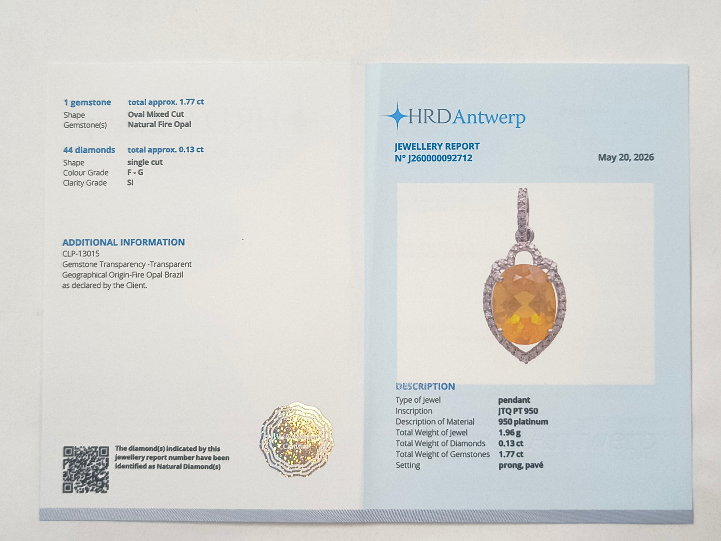 1.90 Ct Oval Fire Opal 950 Platinum Pendant