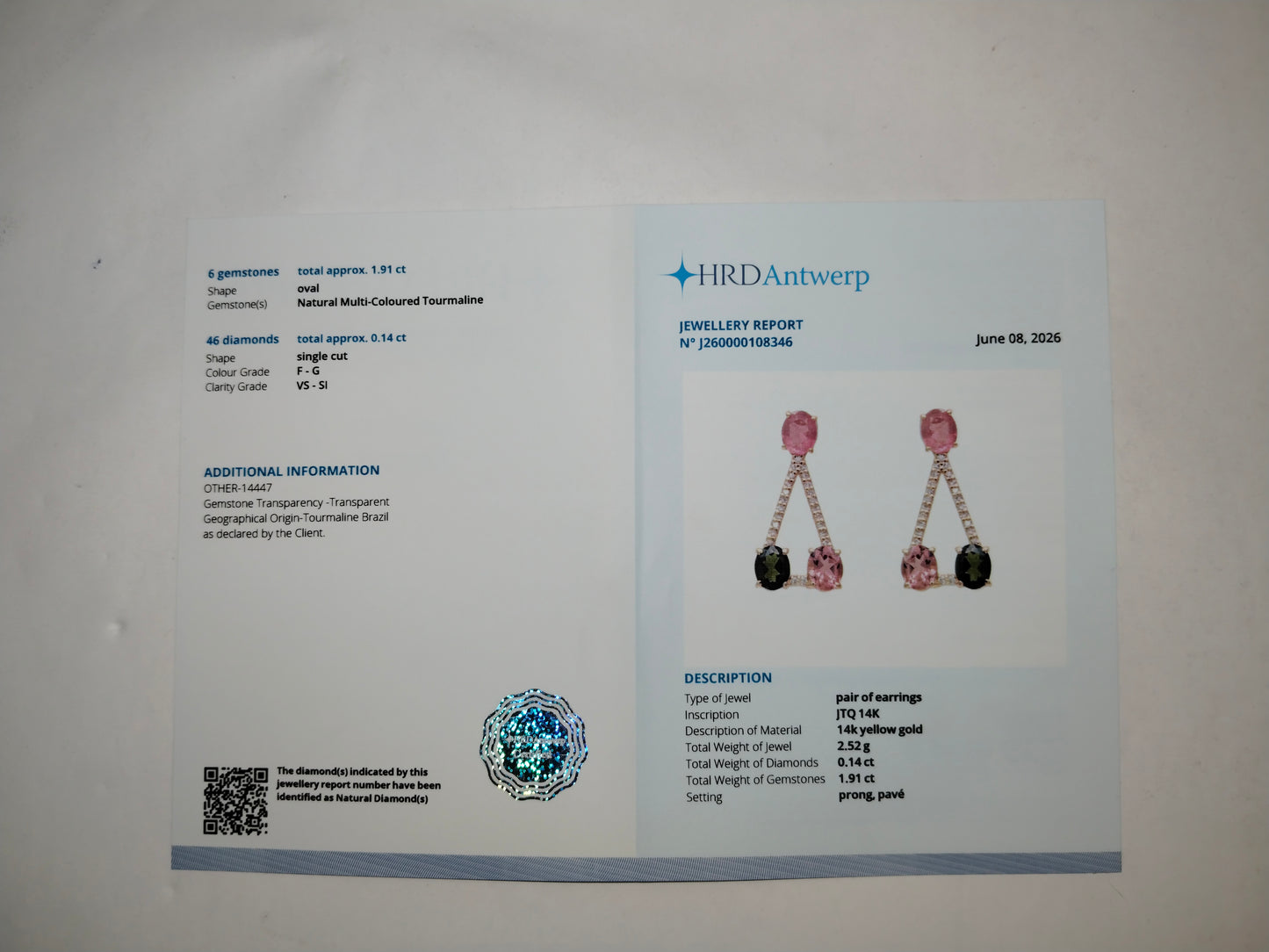 2.05 Ct Oval Mixed Cut Natural Multi-Coloured Tourmaline 14K Gold Earrings