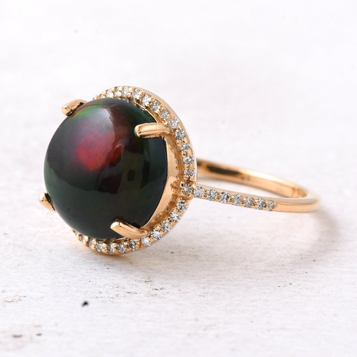 3.24 Ct Round Cabochon Cut Natural Black Opal 14K Gold Ring