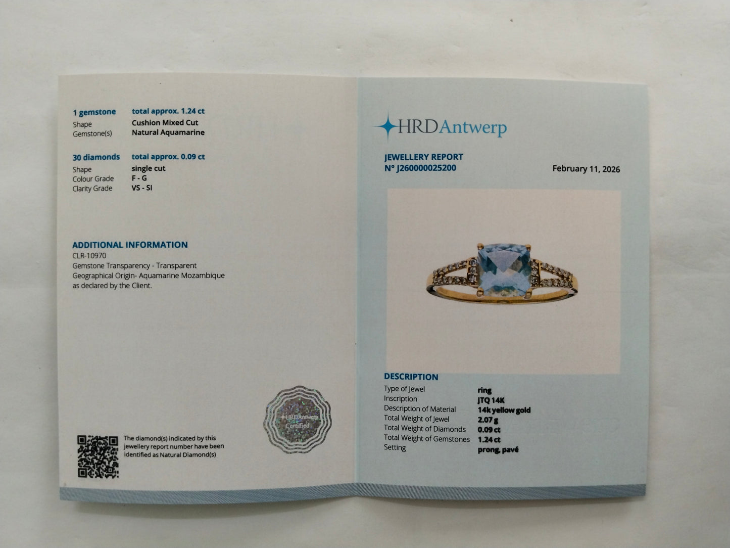 1.33 Ct Cushion Mixed Cut Natural Aquamarine 14K Gold Ring