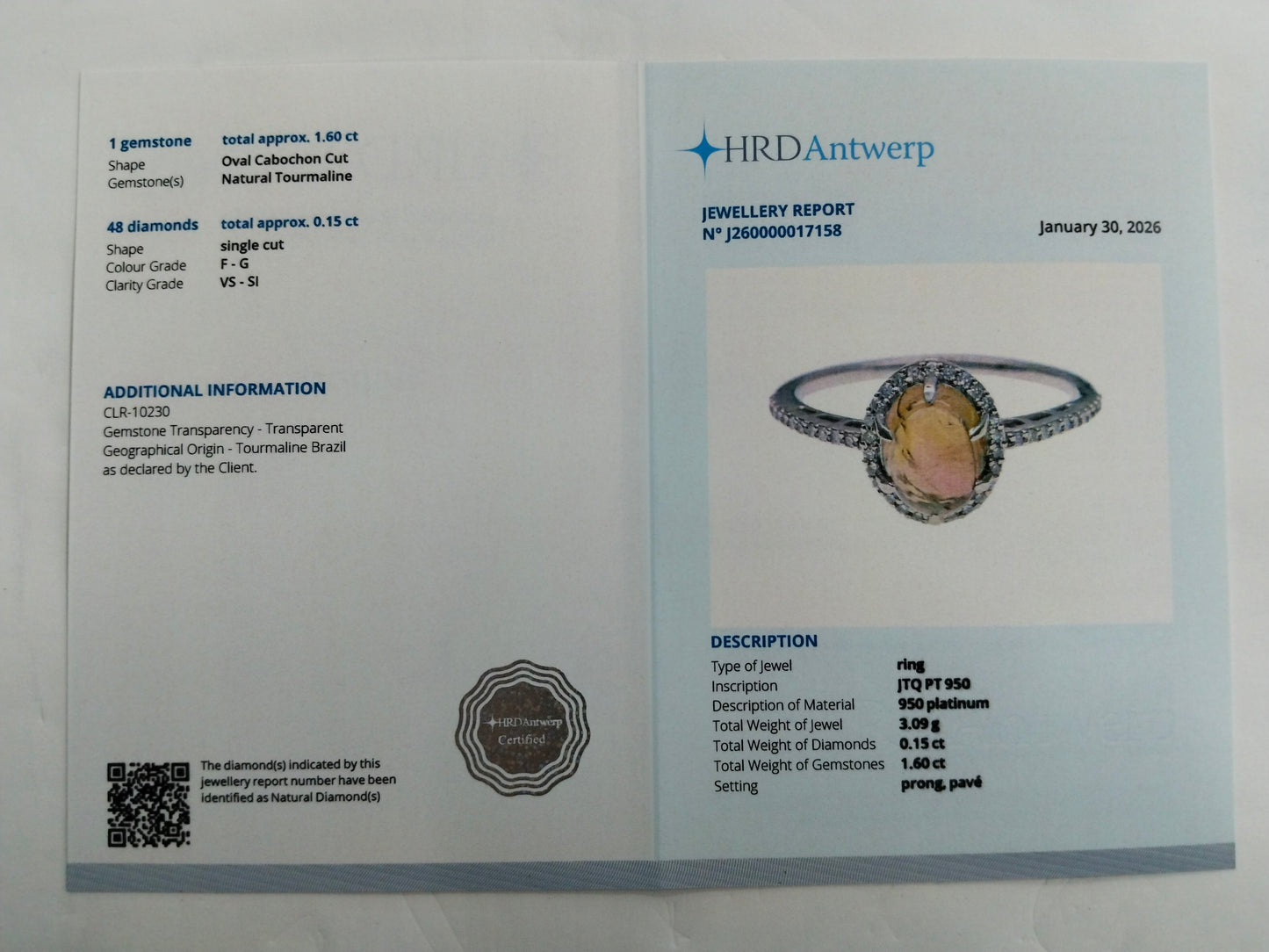 1.75 Ct Oval Cabochon Cut Natural Tourmaline 950 Platinum Ring