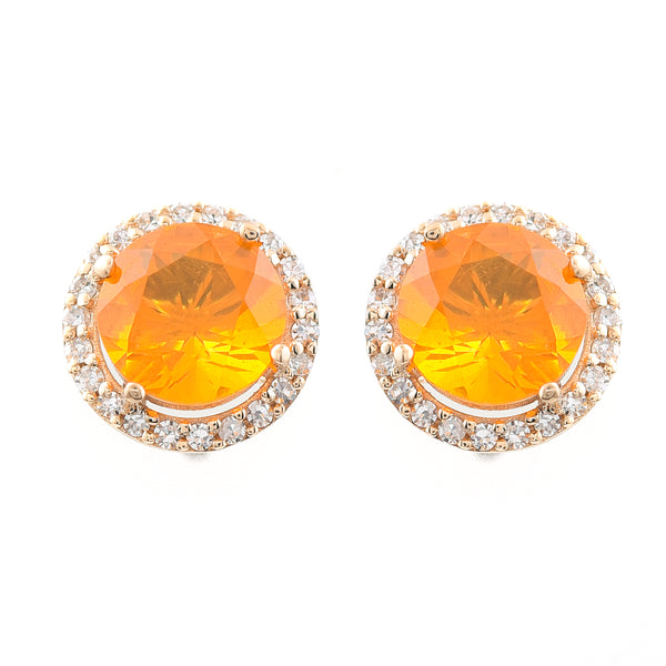 1.34 Ct Round Cabochon Cut Natural Fire Opal 14K Gold Earrings