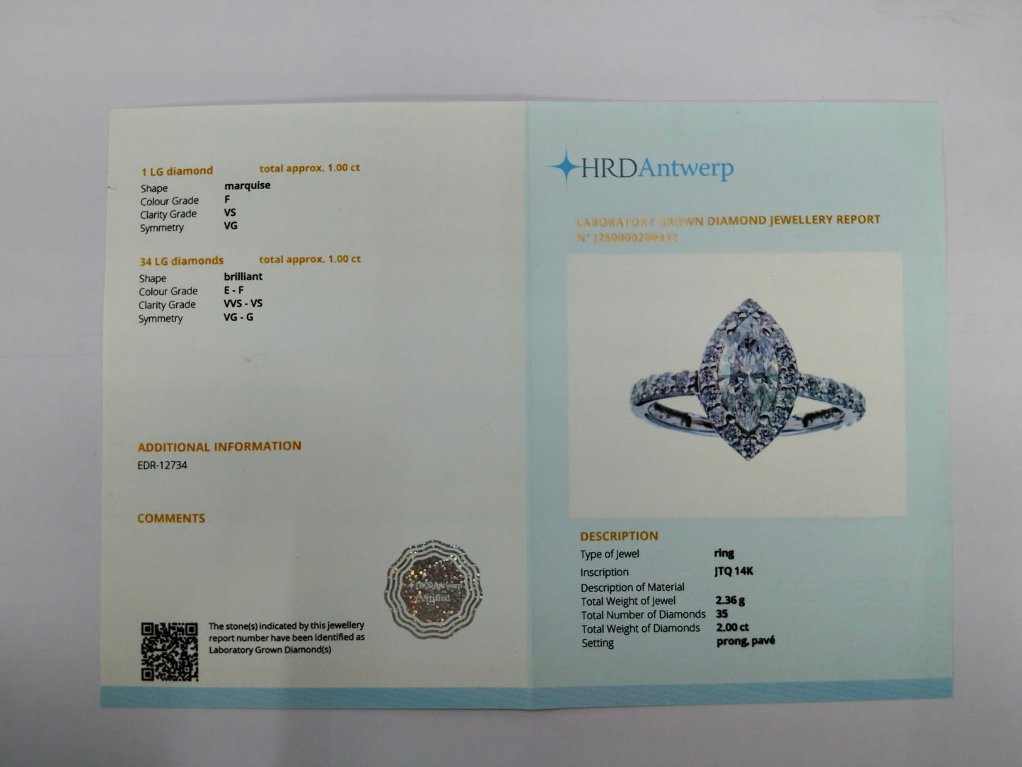 2.00 Carats Lab Grown Diamond 14K Gold Ring