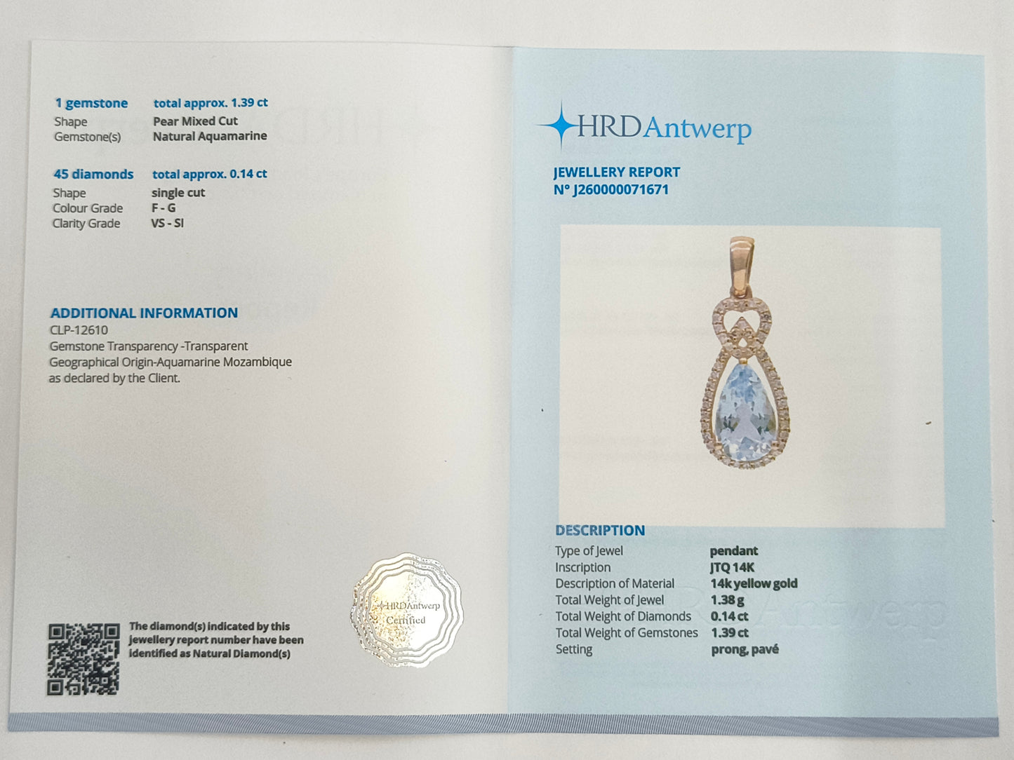 1.53 Ct Pear Mixed Cut Natural Aquamarine 14K Gold Pendant