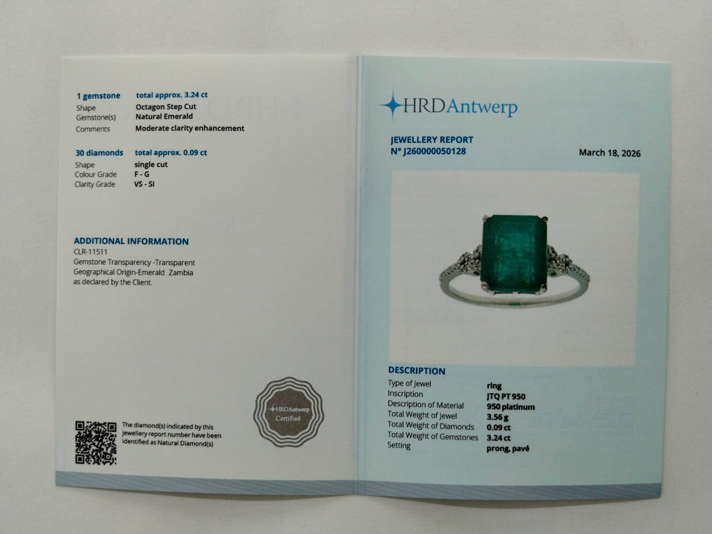 3.33 Ct Octagon Step Cut Natural Emerald 950 Platinum Ring