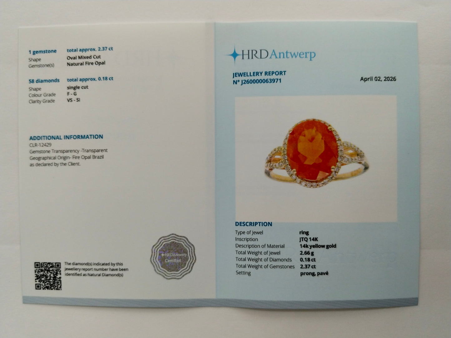 2.55 Ct Oval Mixed Cut Natural Fire Opal 14K Gold Ring