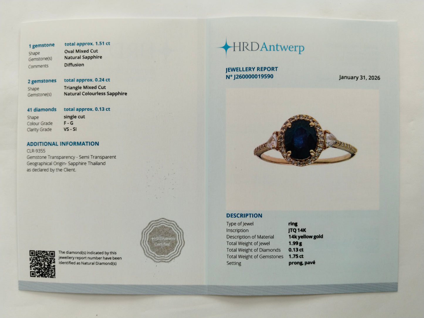 1.88 Ct Oval Mixed Cut Natural Sapphire 14K Gold Ring