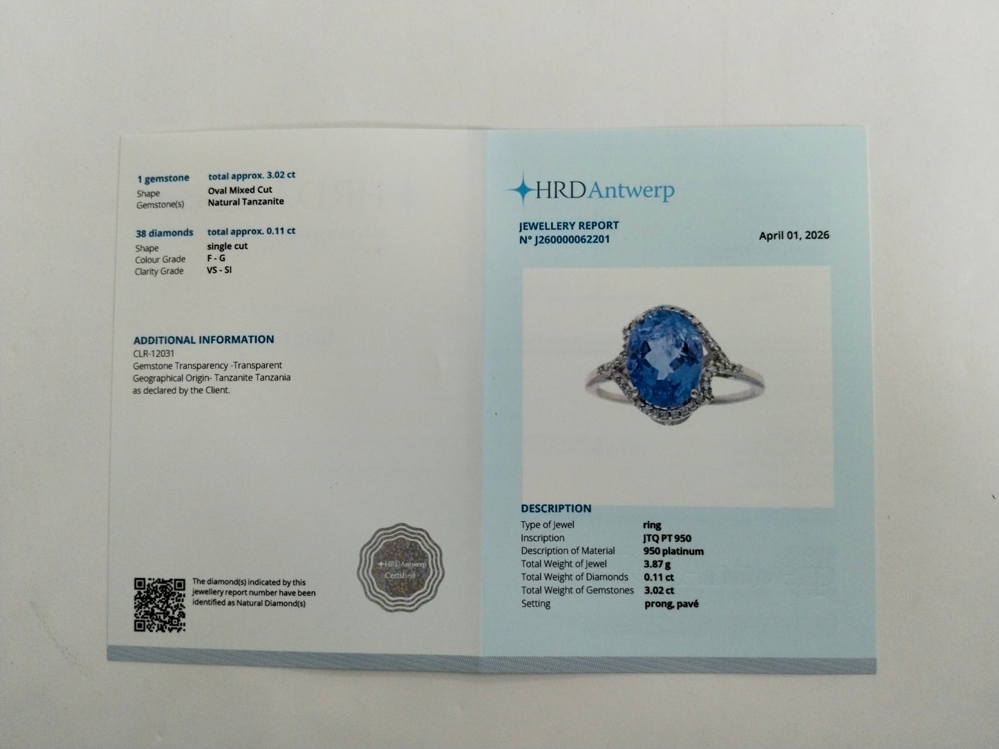 3.13 Ct Oval Mixed Cut Natural Tanzanite 950 Platinum Ring