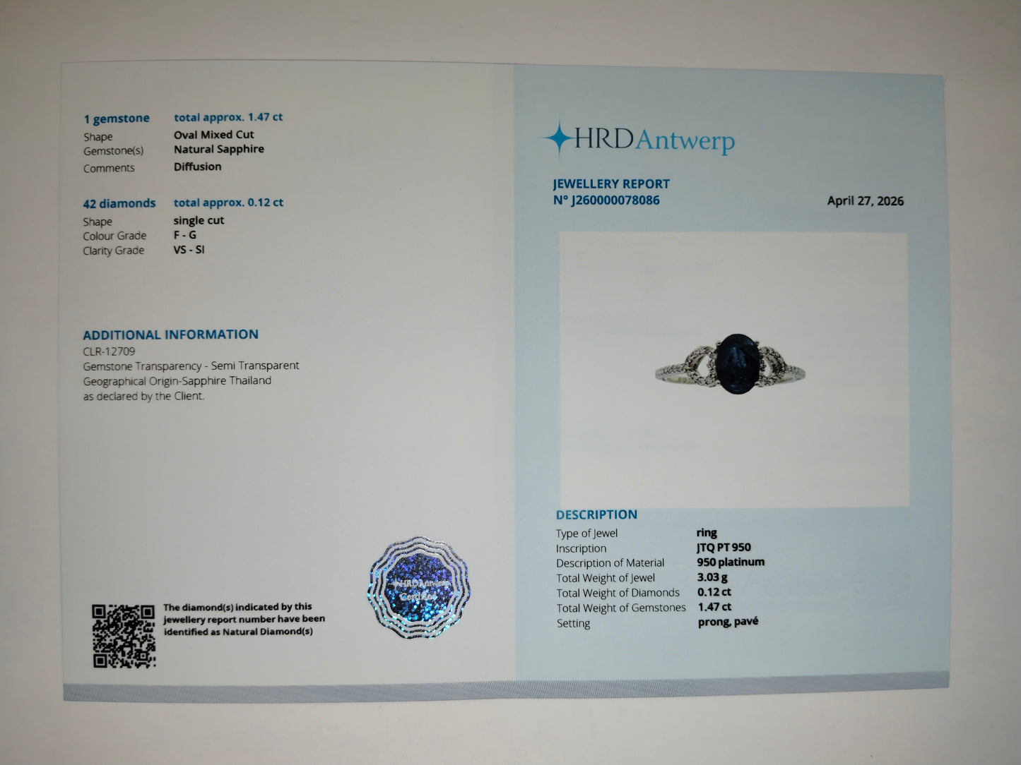 1.59 Ct Oval Mixed Cut Natural Sapphire 950 Platinum Ring