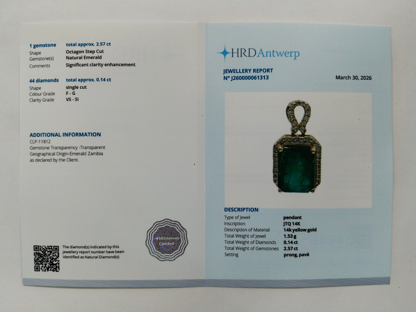 2.71 Ct Octagon Step Cut Natural Emerald 14K Gold Pendant
