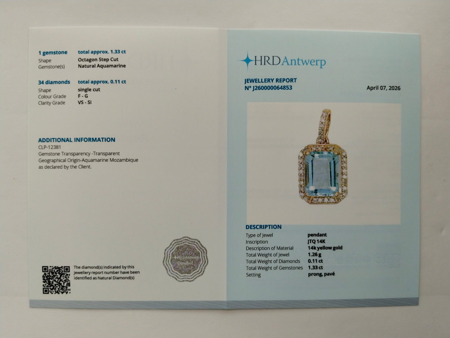 1.44 Ct Octagon Step Cut Natural Aquamarine 14K Gold Pendant