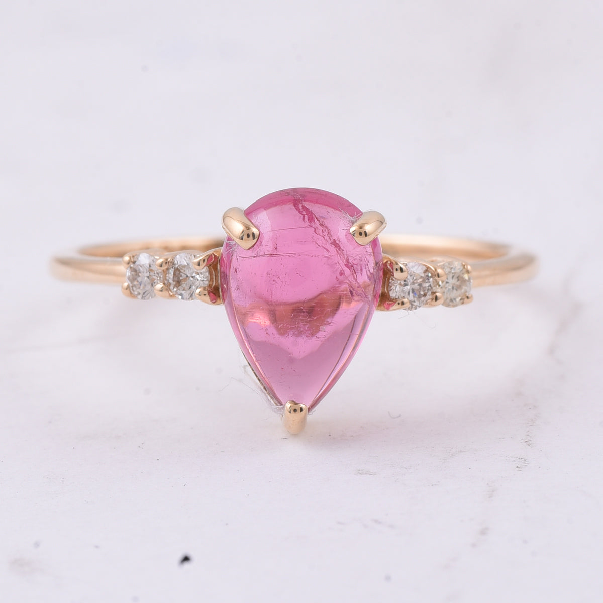 1.90 Ct Pear Cabochon Natural Pink Tourmaline 14K Gold Ring