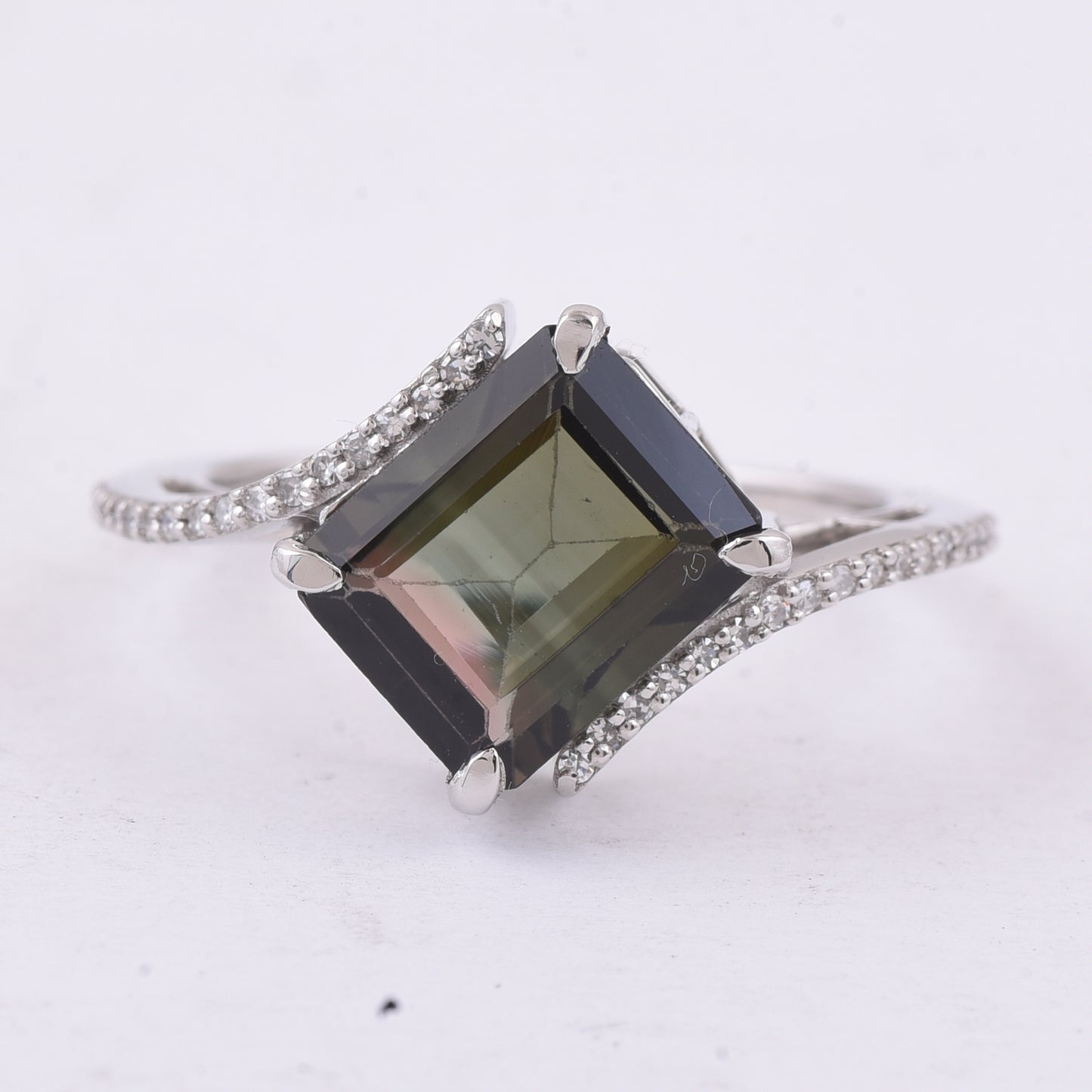 3.42 Ct Octagon Step Cut Natural Bi-Coloured Tourmaline 950 Platinum Ring