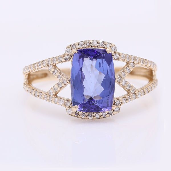2.35 Ct Cushion Mixed Cut Natural Tanzanite 14K Gold Ring