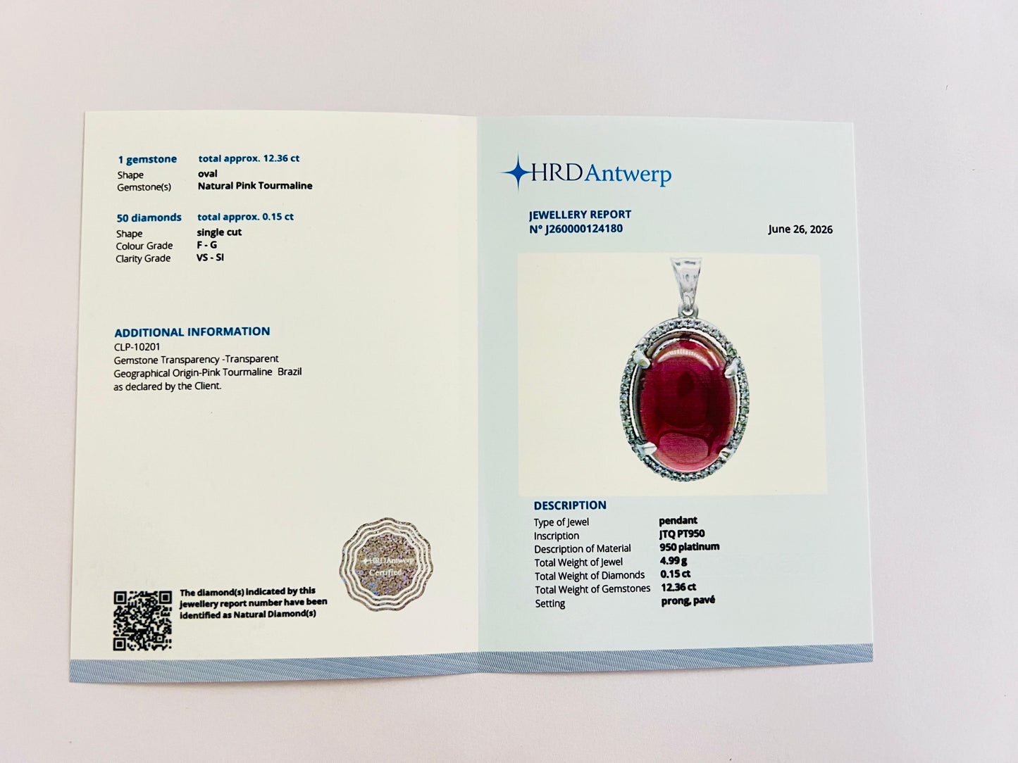 12.51 Ct Oval Natural Pink Tourmaline 950 Platinum Pendant