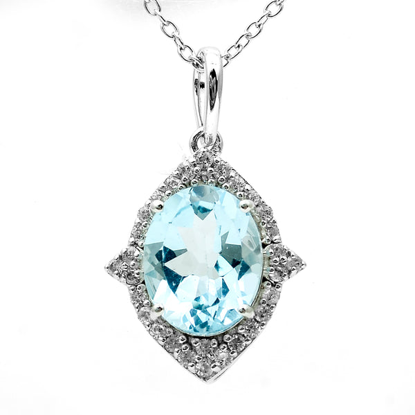 3.58 Ct Oval Blue Topaz, White Zircon 925 Sterling Silver Pendant