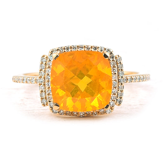 2.20 Ct Cushion Mixed Cut Natural Fire Opal 14K Gold Ring