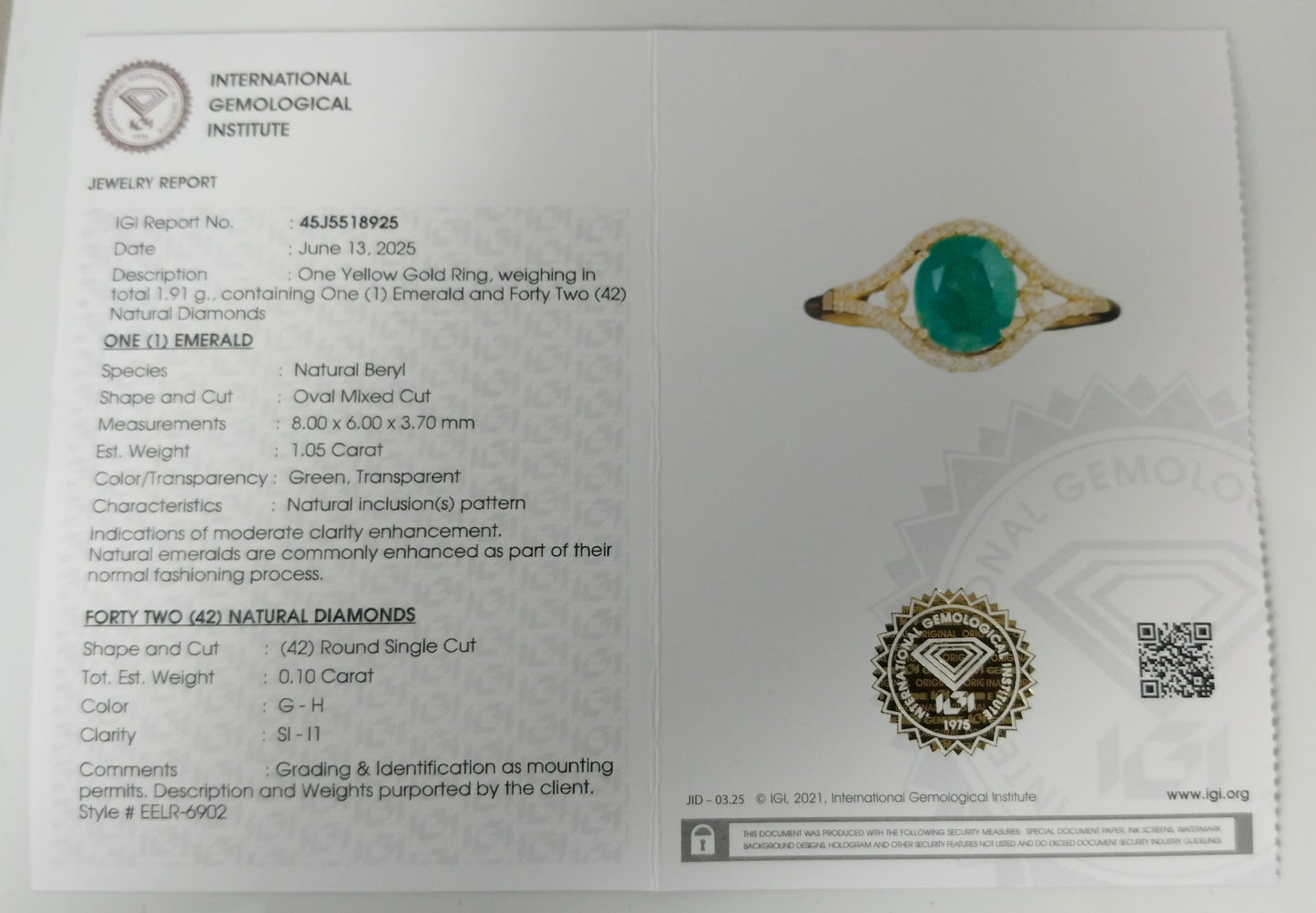 1.15 Ct Oval Mixed Cut Natural Beryl Emerald 14K Gold Ring