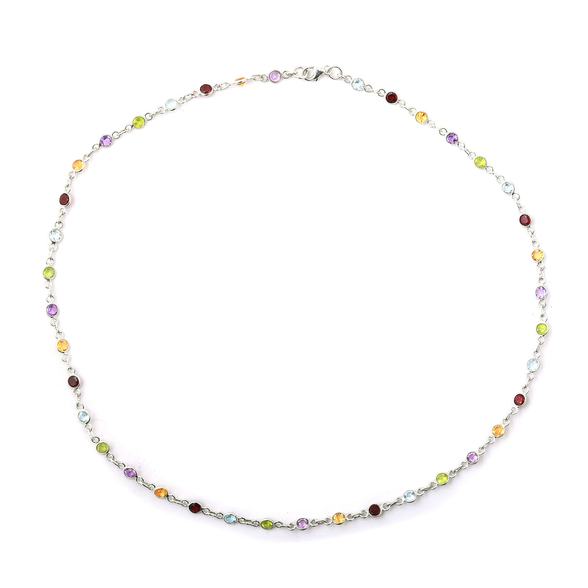 11.45 Ct Round Garnet, Peridot, Blue Topaz, Citrine, Amethyst 925 Sterling Silver Necklace