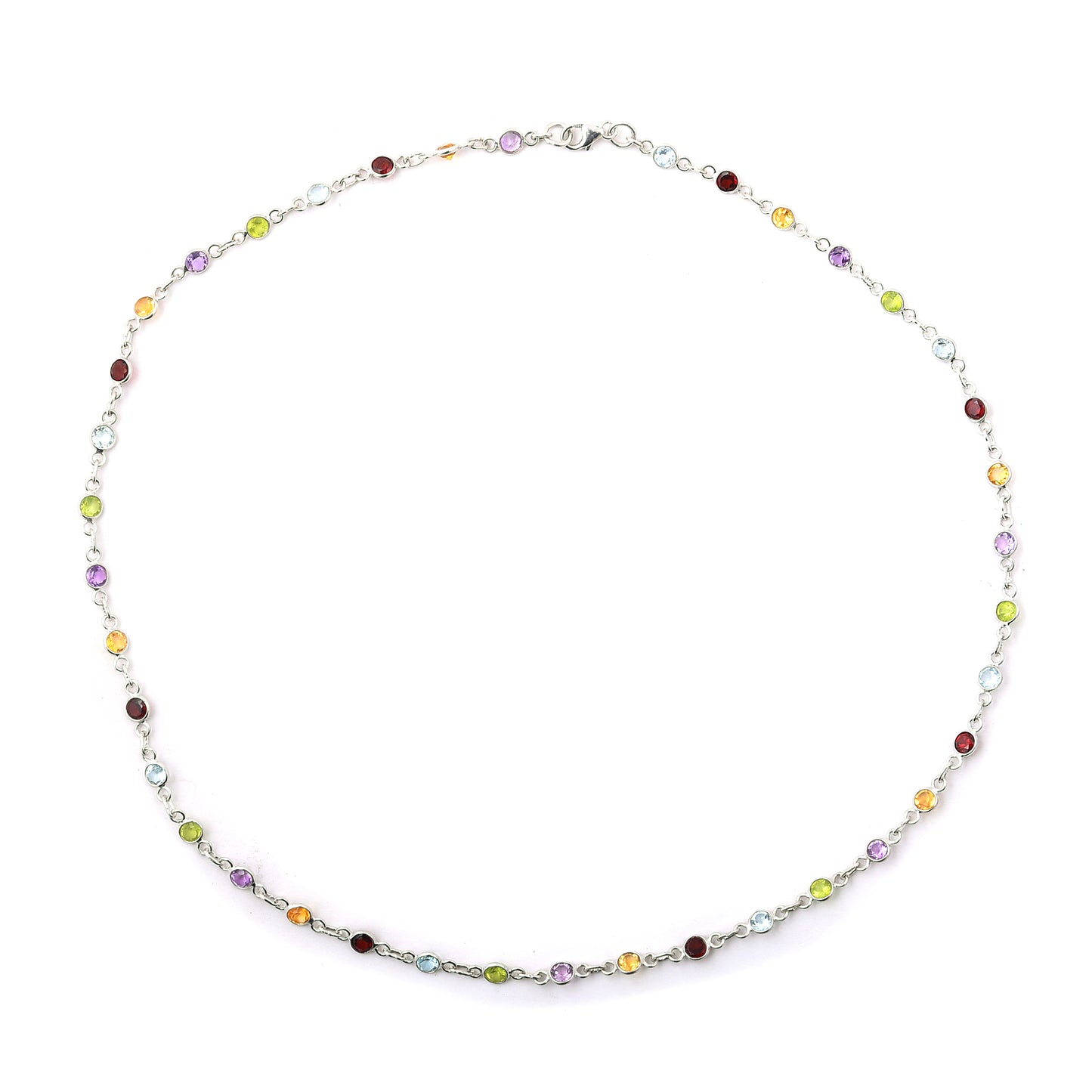 11.45 Ct Round Garnet, Peridot, Blue Topaz, Citrine, Amethyst 925 Sterling Silver Necklace