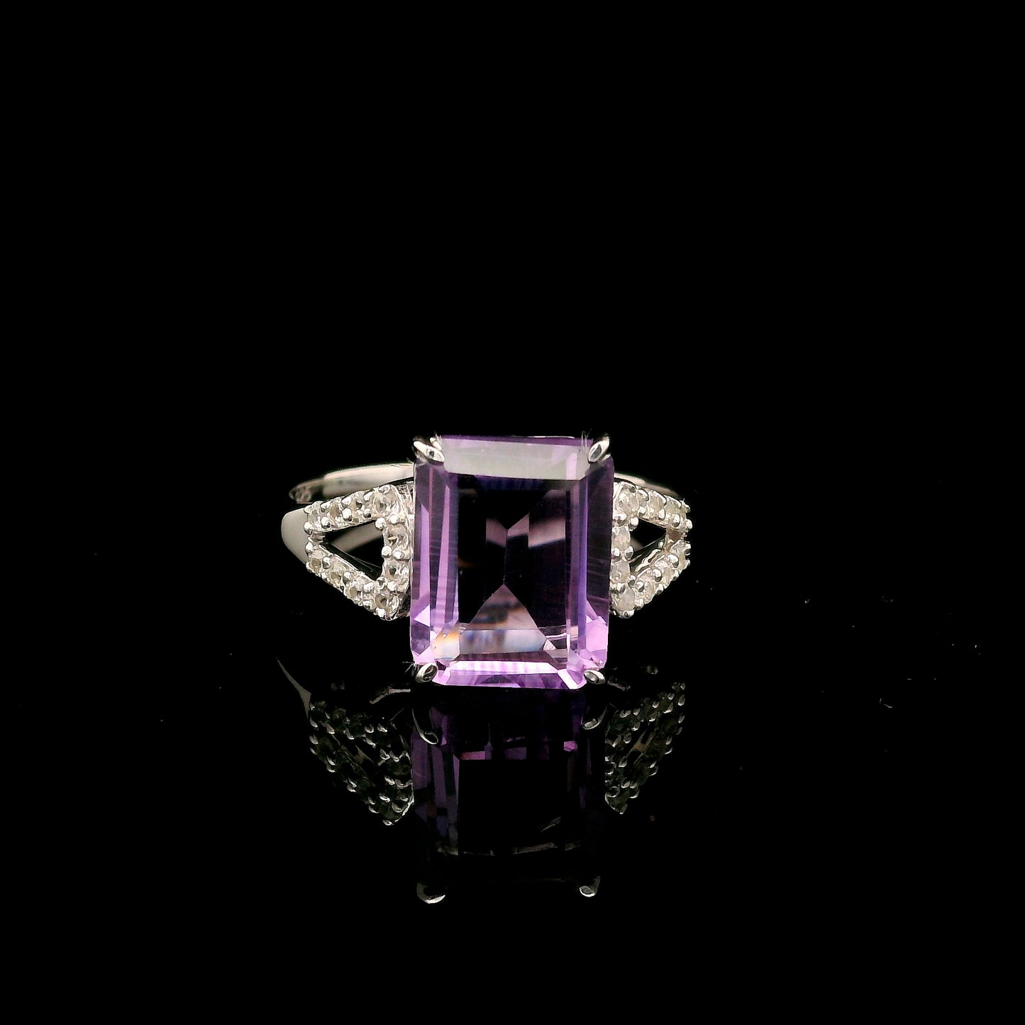 3.14 Ct Octagon Amethyst, White Zircon 925 Sterling Silver Ring