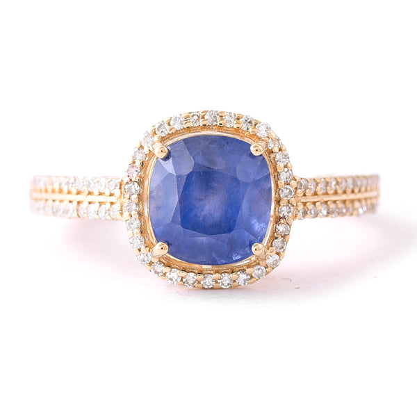 3.08 Ct Cushion Mixed Cut Natural Sapphire 14K Gold Ring
