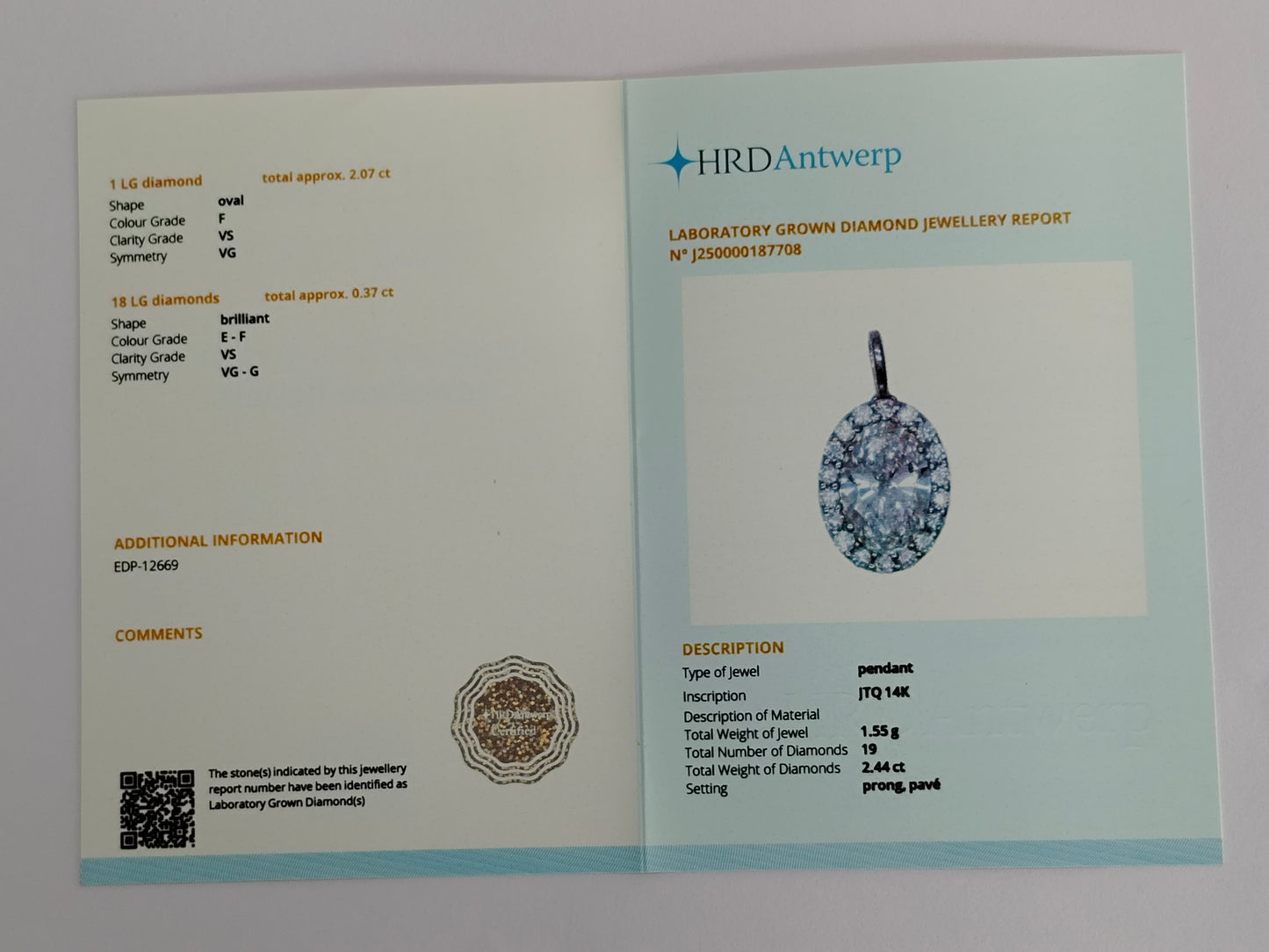 2.44 Carats Lab Grown Diamond 14K Gold Pendant