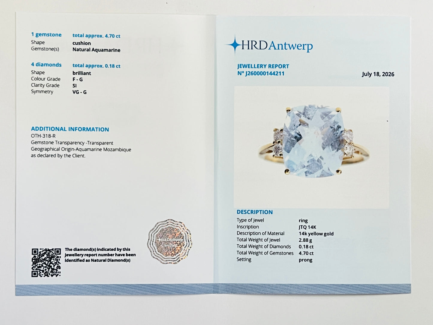 4.88 Ct Cushion Natural Aquamarine 14K Gold Ring
