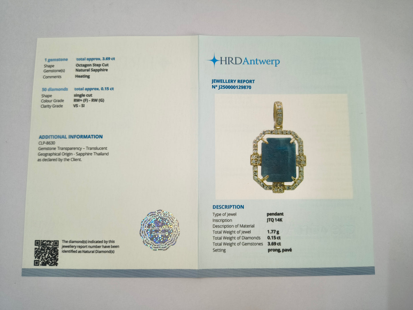 3.84 Ct Octagon Natural Sapphire 14K Gold Pendant