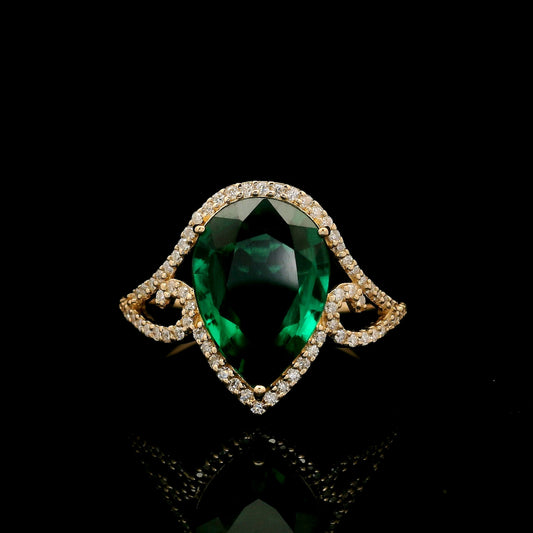 3.30 Ct Pear Mixed Cut Lab Grown Emerald 14K Gold Ring