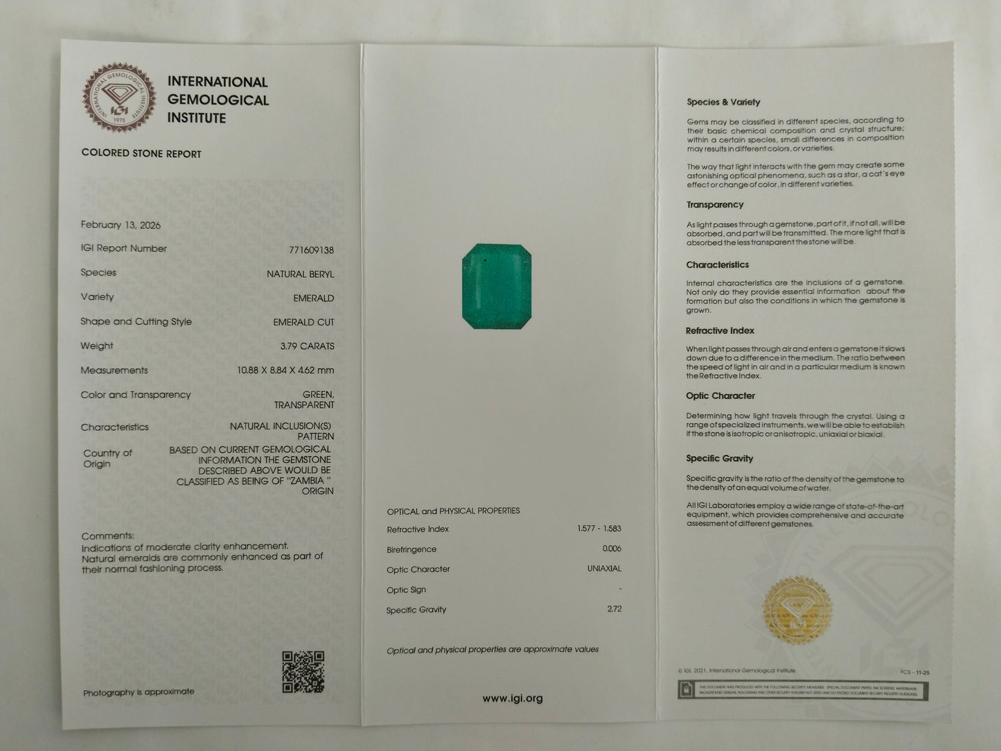 3.79 Natural Beryl Emerald Emerald Cut Gemstone