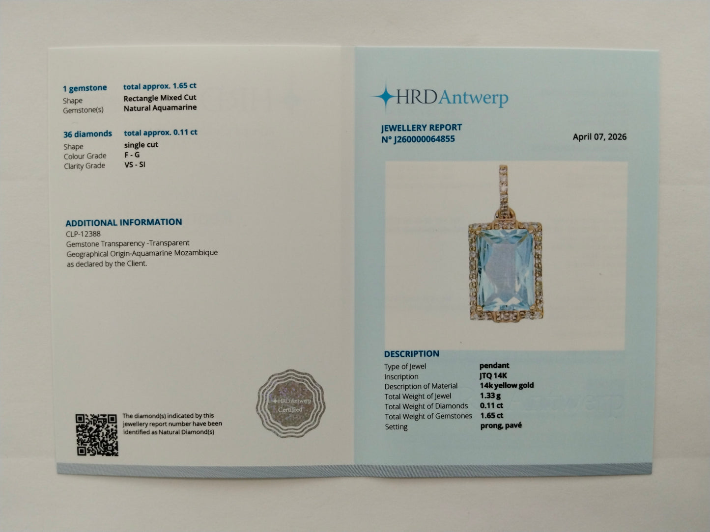 1.76 Ct Rectangle Mixed Cut Natural Aquamarine 14K Gold Pendant