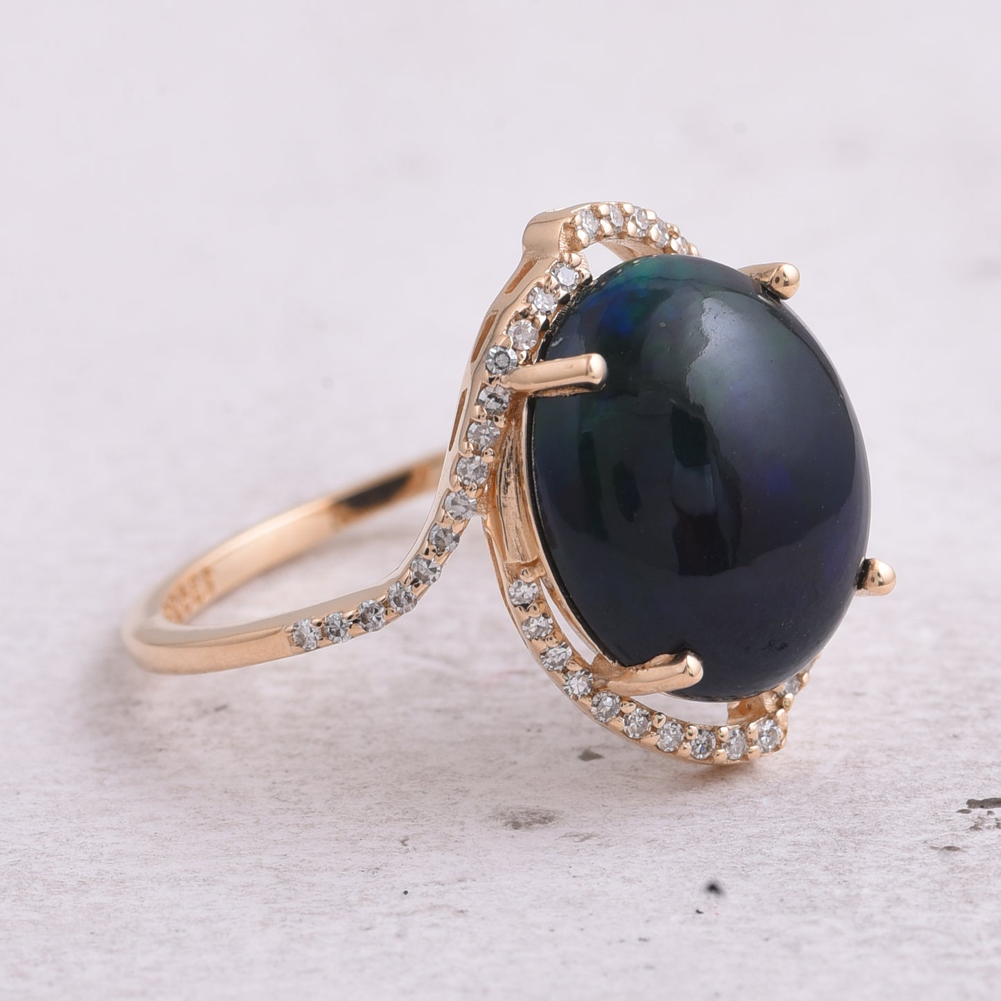 3.65 Ct Oval Cabochon Cut Natural Black Opal 14K Gold Ring