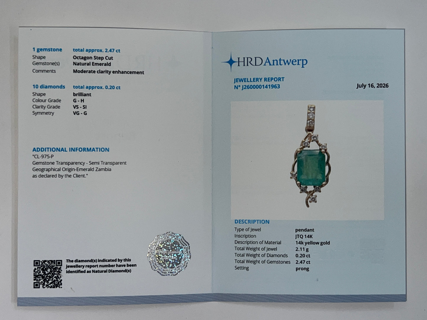 2.67 Ct Octagon Step Cut Natural Emerald 14K Gold Pendant