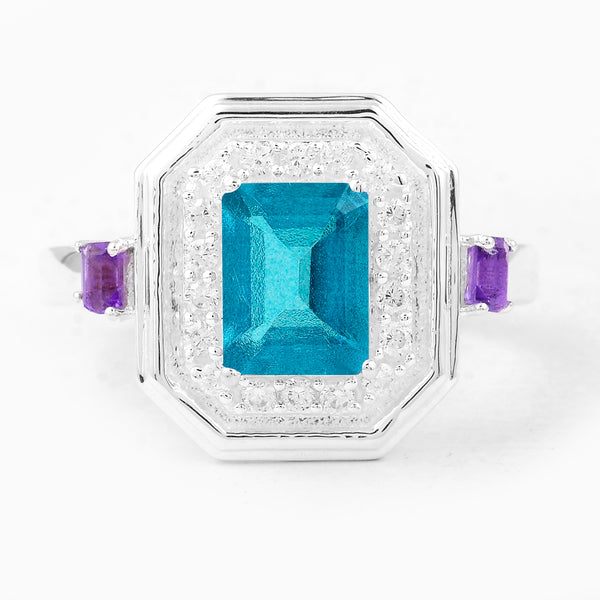 2.57 Ct Octagon Pariba Topaz, Amethyst, Cubic Zirconia 925 Sterling Silver Ring