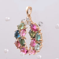 3.19 Ct Oval Cabochon Cut Natural Multi-Coloured Tourmaline 14K Gold Pendant