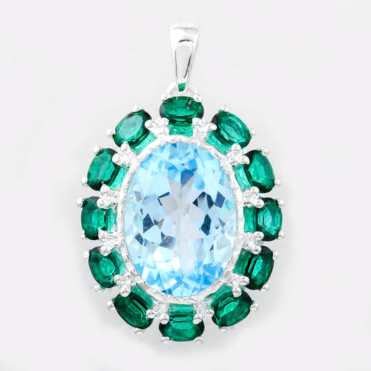 8.51 Ct Oval Blue Topaz, Green Topaz, 925 Sterling Silver Pendant