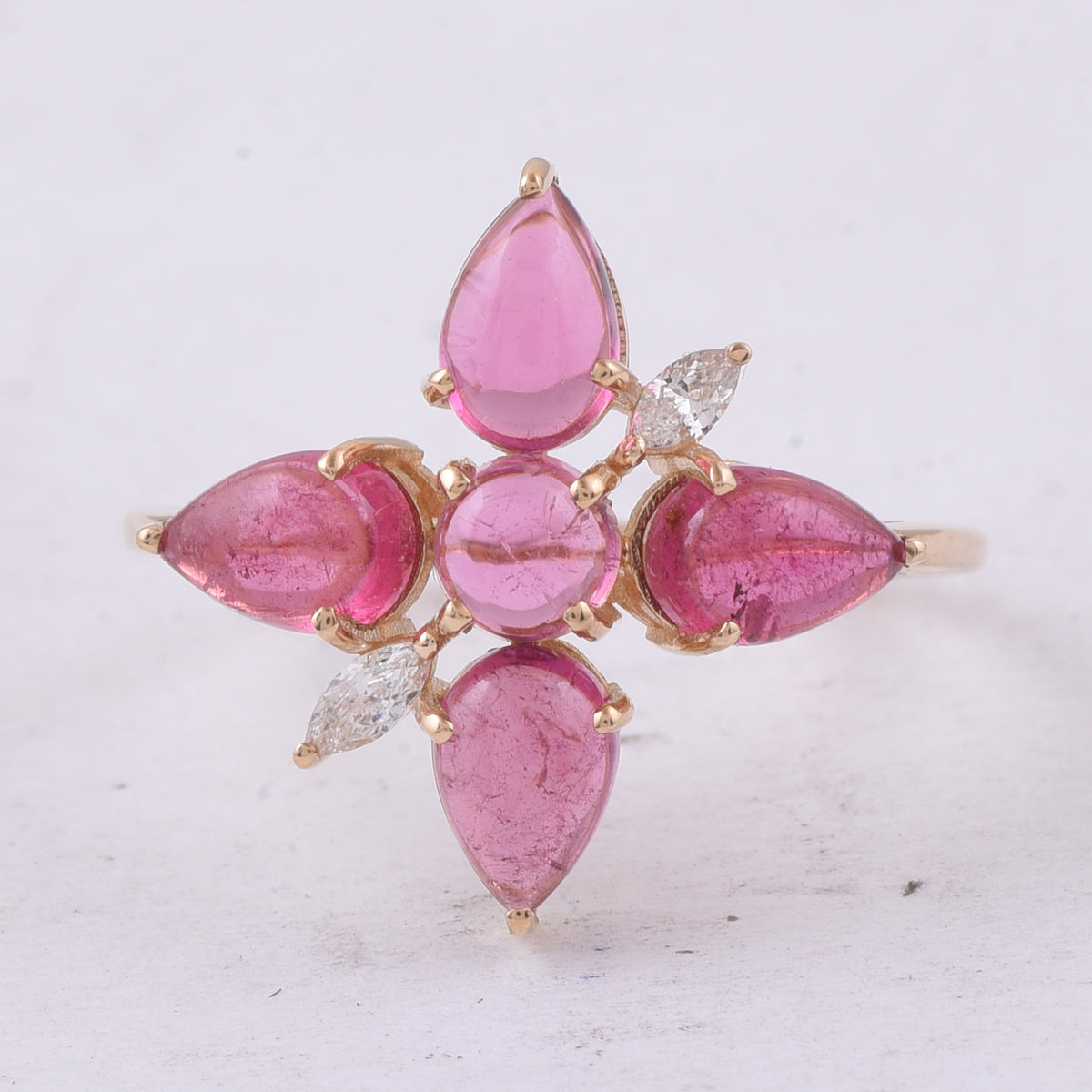 2.88 Ct Round Cabochon Cut, Pear Cabochon Cut Natural Pink Tourmaline 14K Gold Ring