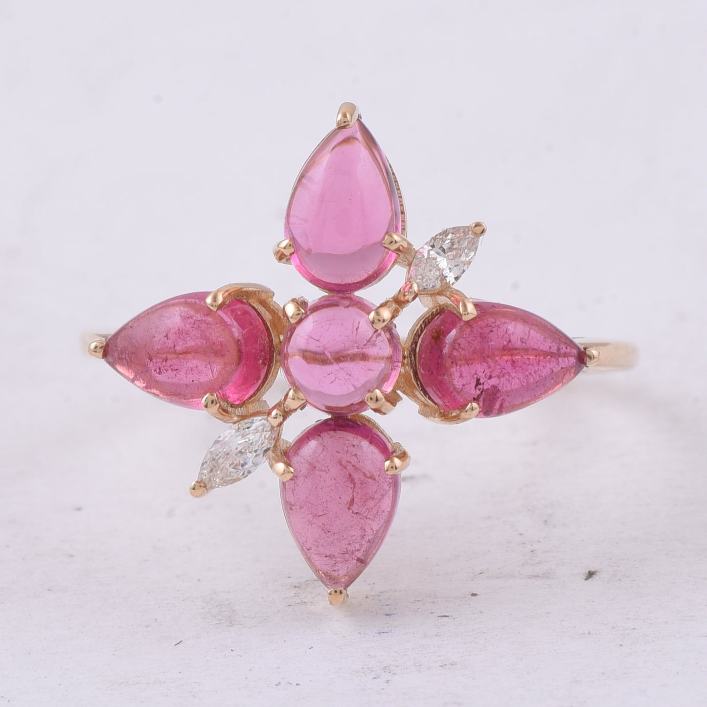 2.88 Ct Round Cabochon Cut, Pear Cabochon Cut Natural Pink Tourmaline 14K Gold Ring