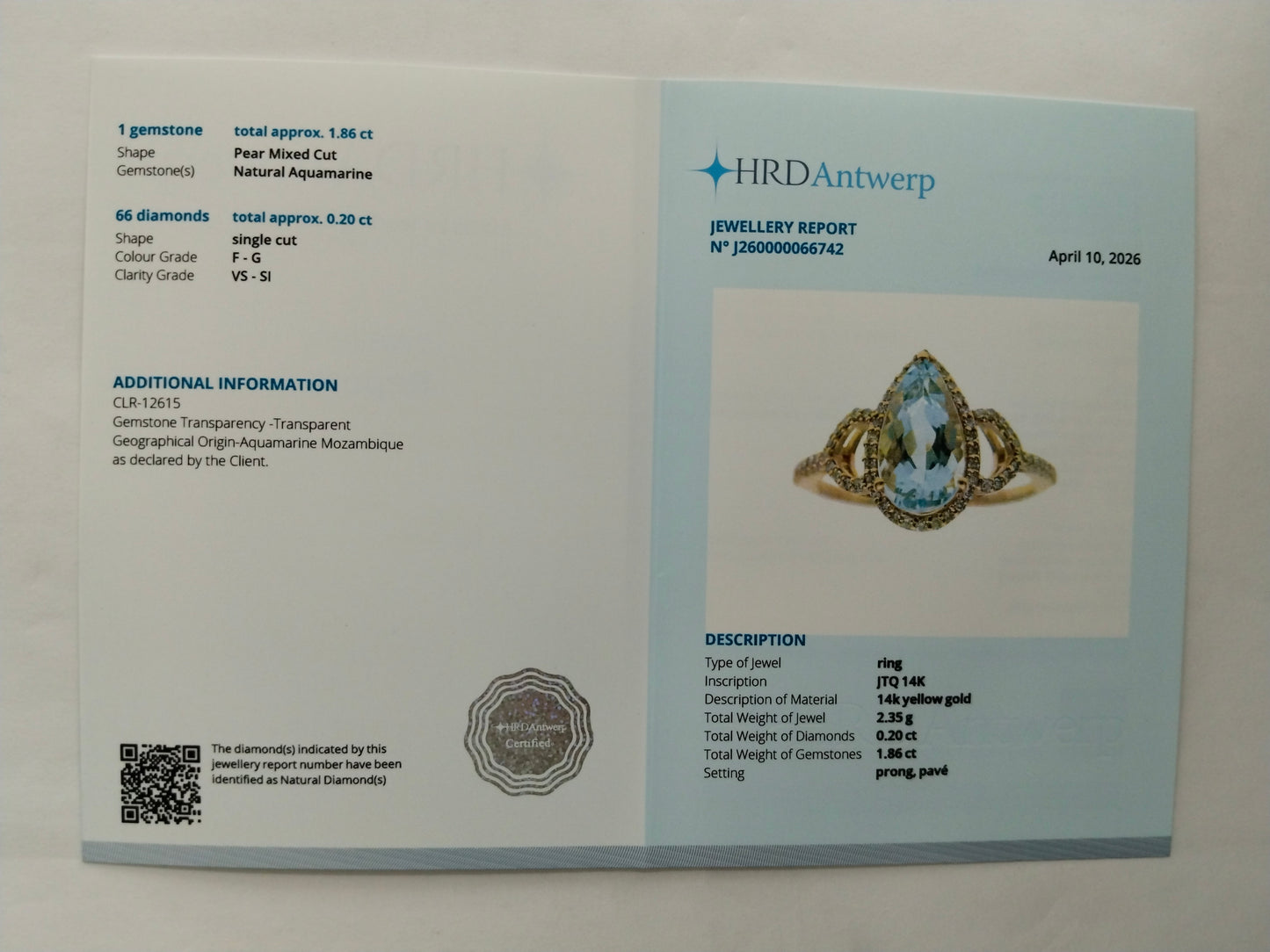 2.06 Ct Pear Mixed Cut Natural Aquamarine 14K Gold Ring