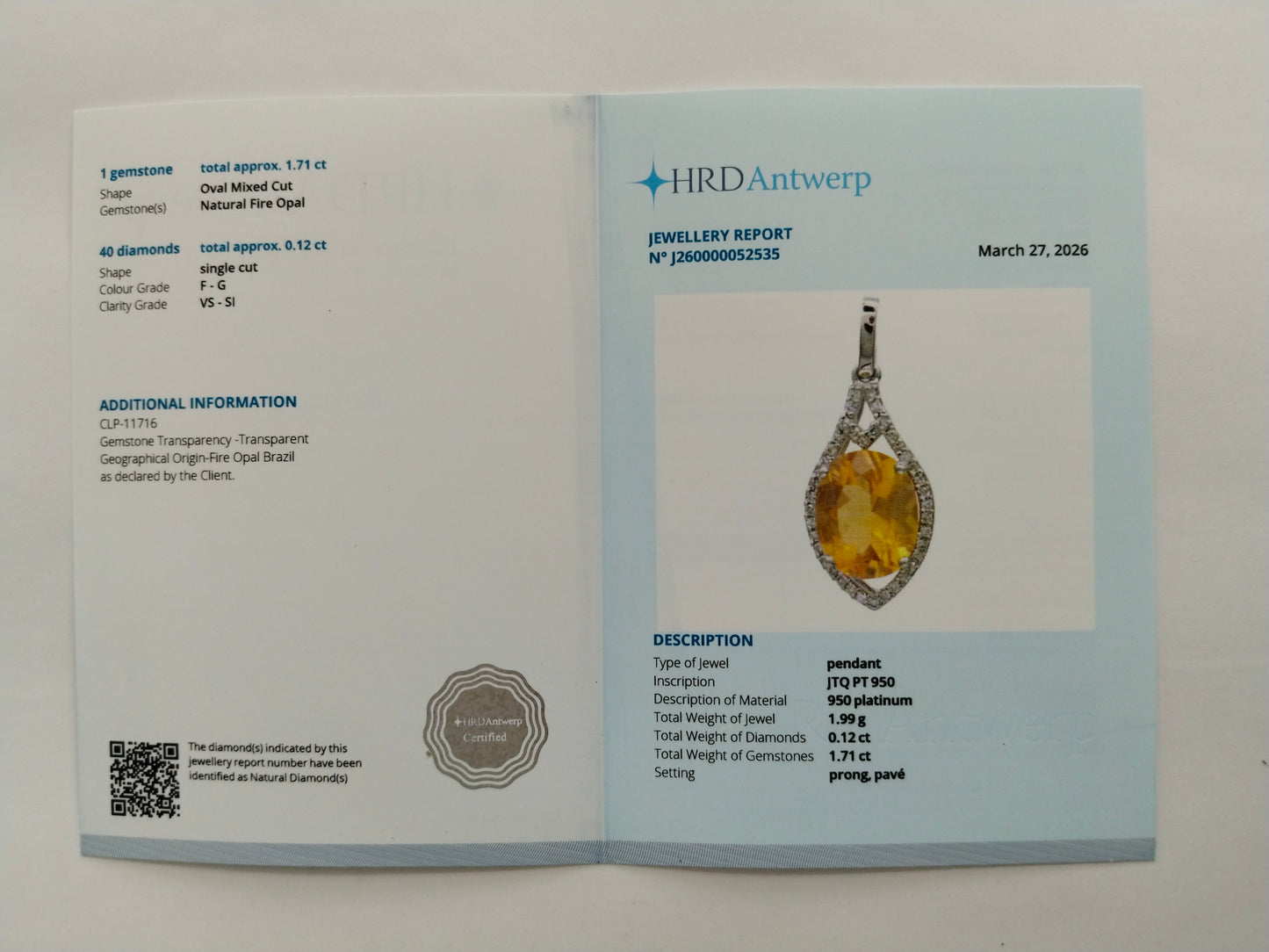 1.83 Ct Oval Mixed Cut Natural Fire Opal 950 Platinum Pendant