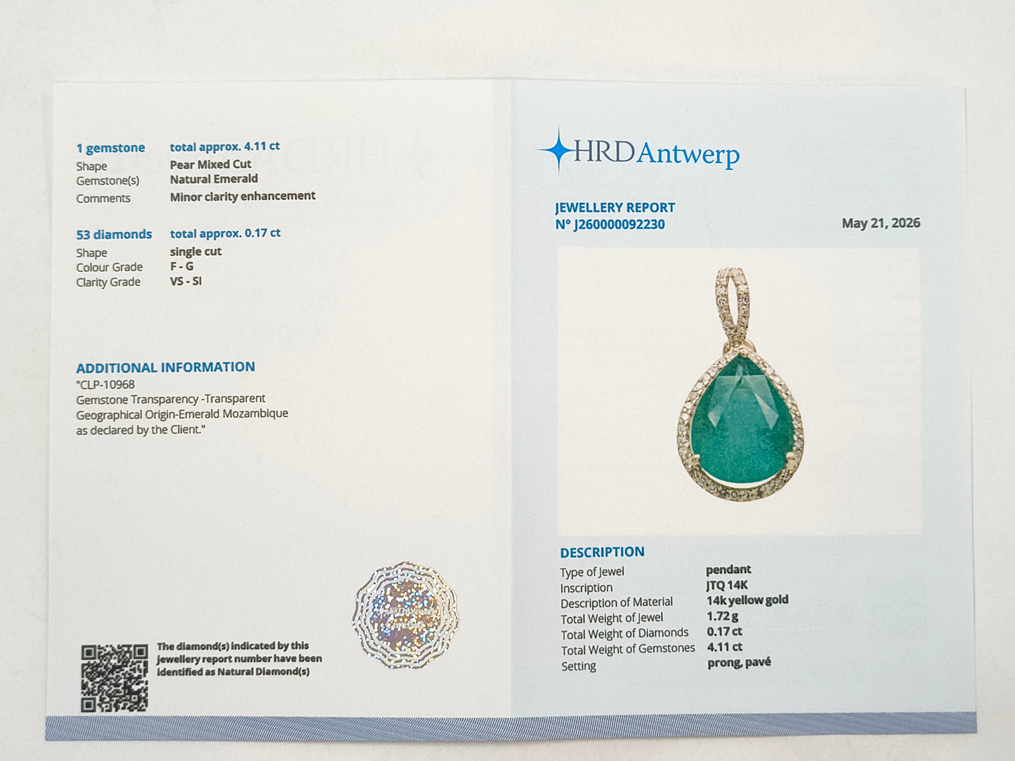 4.28 Ct Pear Emerald 14K Gold Pendant