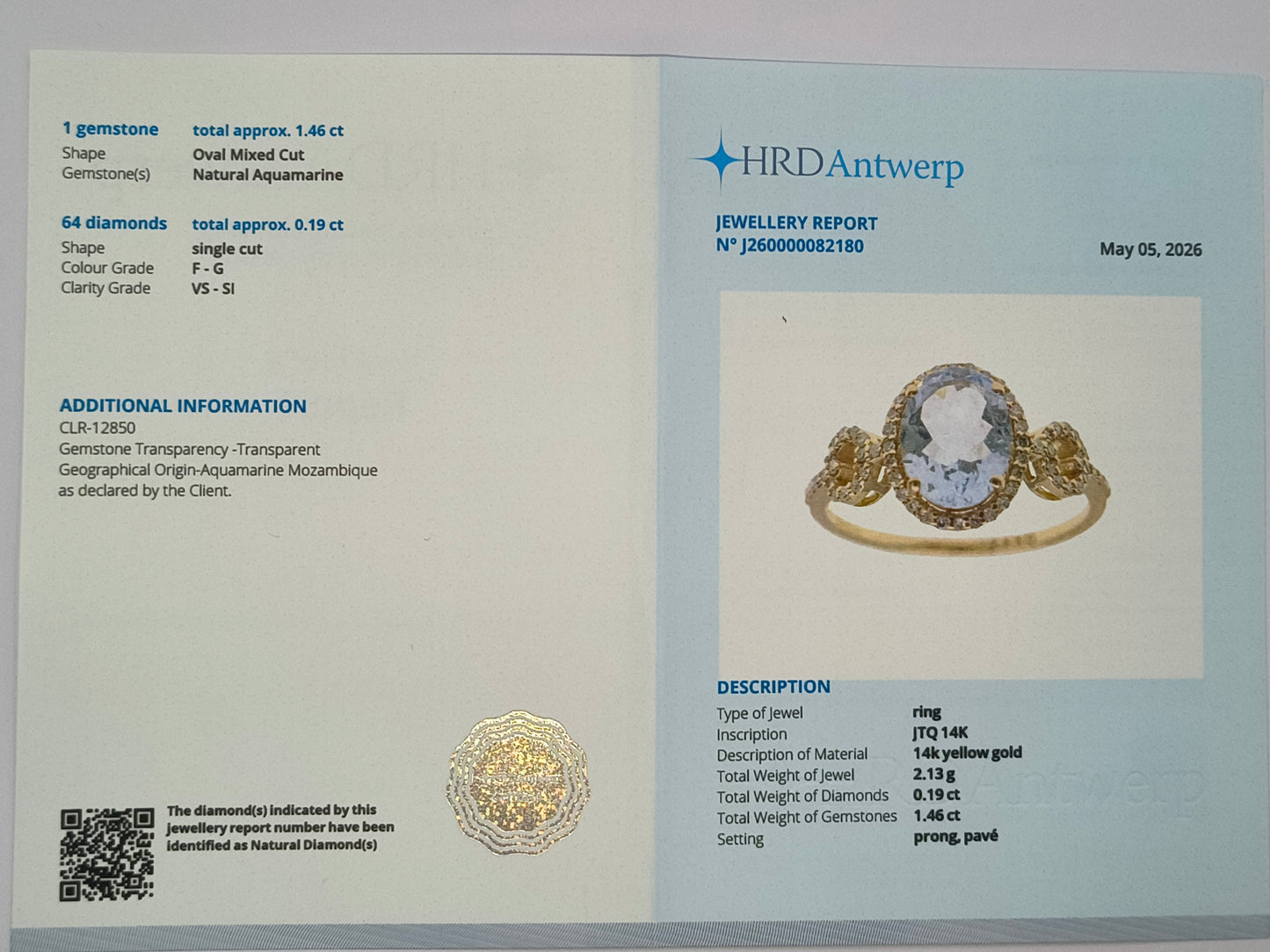 1.65 Ct Oval Mixed Cut Natural Aquamarine 14K Gold Ring