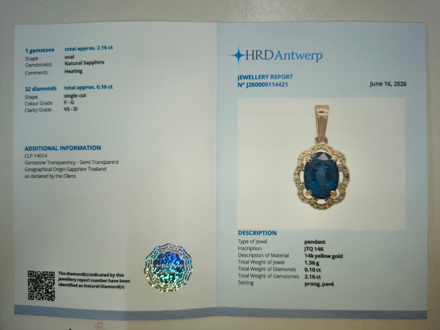 2.26 Ct Oval Natural Sapphire 14K Gold Pendant